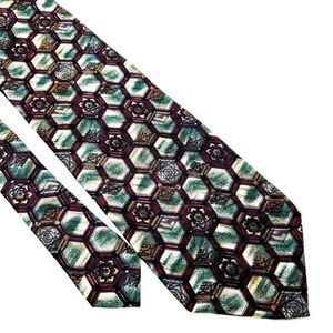 XMI Silk Tie Maroon Green Geometric Short Wide‎